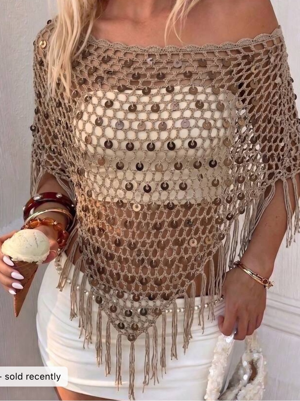 Beige Crochet Fringe Sequin Shawl